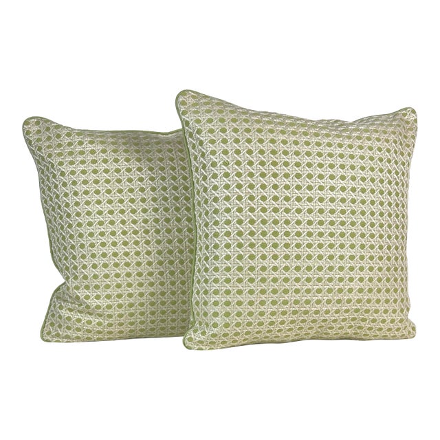 Brunschwig & Fils “Monterey Woven Texture - Citron Green 20” Feather/Down Pillows - A Pair For Sale