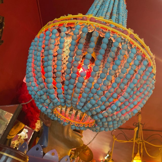Hollywood Regency 1990s Wooden Bead Ceiling Lamp in Style of Laura Covington Red Yellow Turquoise For Sale - Image 3 of 3