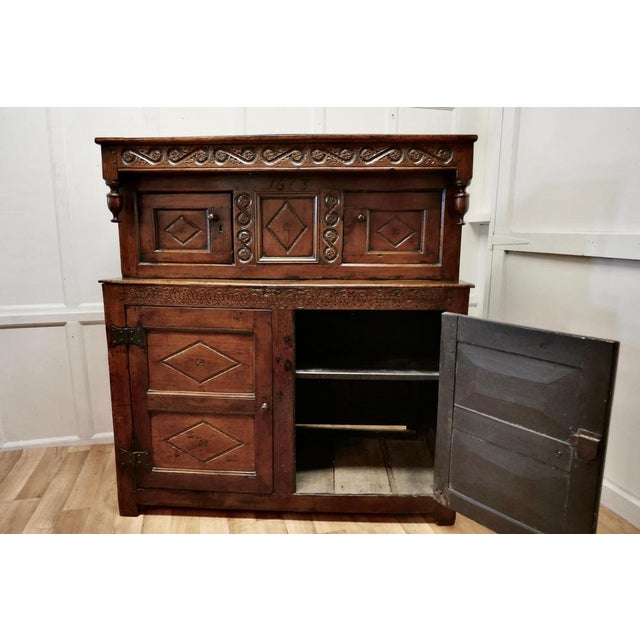 17th Century Antique Court Cupboard in Carved Oak, 1673 For Sale - Image 5 of 14