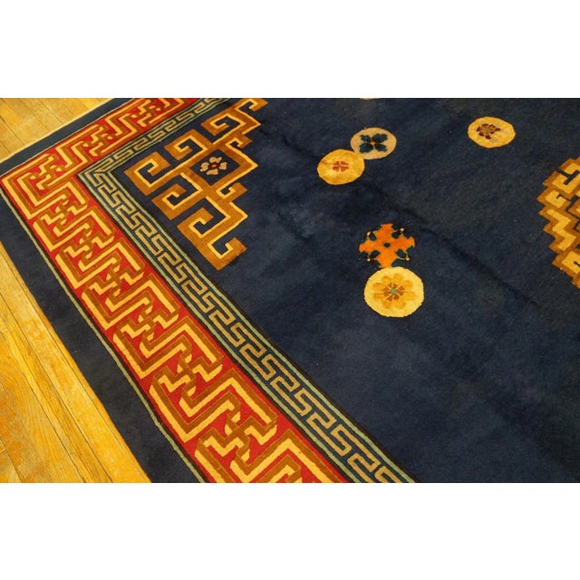 1920s Navy Blue Medallion Greek Key Antique Chinese Art Deco Carpet 9' 2''x 12' Knotted Wool Rug For Sale - Image 4 of 9