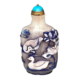 Frosted Glass Snuff Bottle With Blue Overlay Design of Fish Ad Ducks