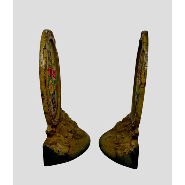 Metal 1920’s Cast Iron Bookends Handpainted Enamel Finish Oval Shape Basket Filled With Flowers Motif - A Pair For Sale - Image 7 of 12
