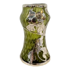 Early 1900s Art Nouveau Uranium Glass Silver-Jacketed Green Vase