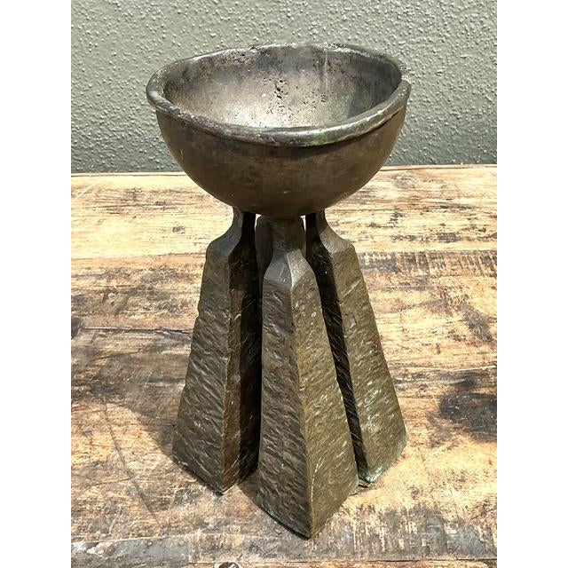 This vintage hammered bronze chalice is a masterful example of the Brutalist design movement, emphasizing raw, honest...