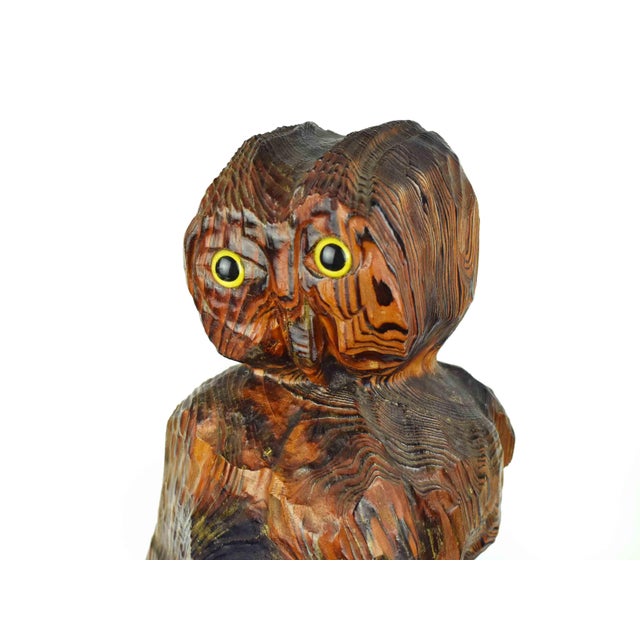 1980 Large Hand Carved Solid Wood Brutalist Owl Totem Style Sculpture Signed For Sale - Image 9 of 17