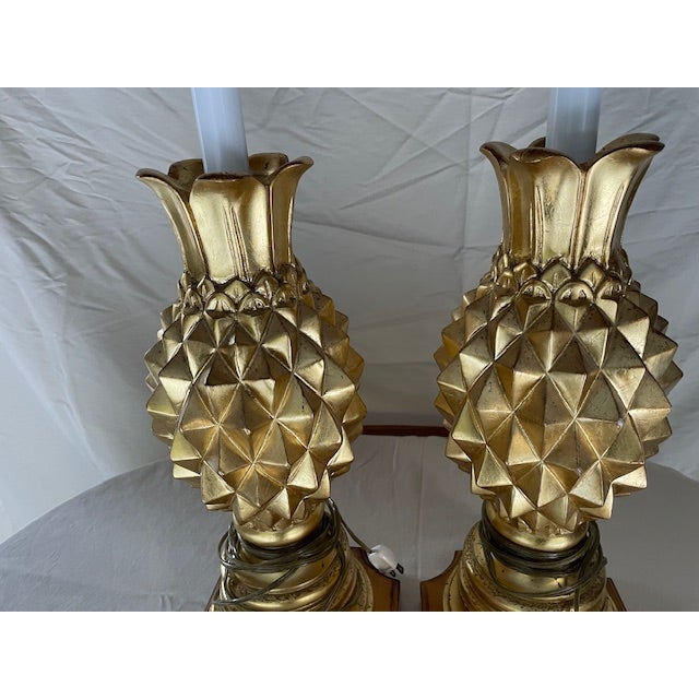 Hollywood Regency 1990s Large Gold Pineapple Lamps - a Pair For Sale - Image 3 of 4