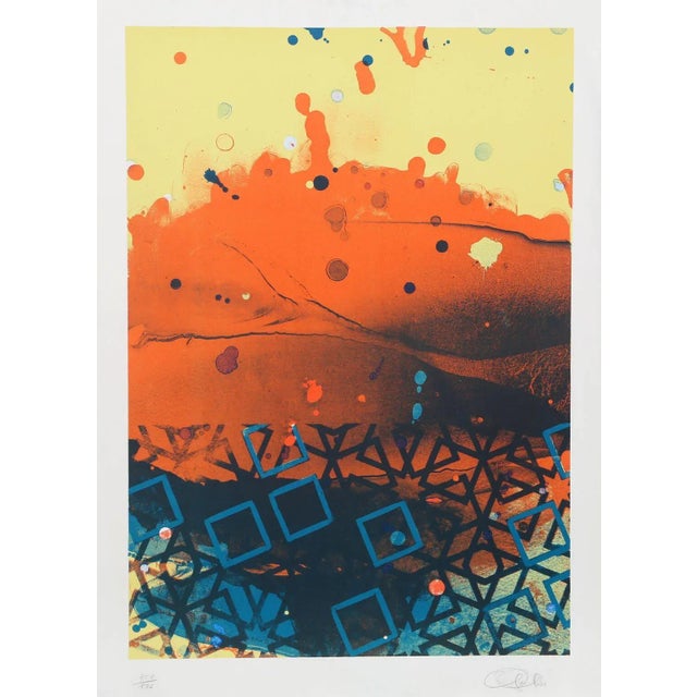 An etching by Chinese artist, Hong Hao that is called "Untitled (Blue Squares). It is signed and numbered 175 in pencil....