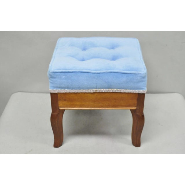 Antique Victorian Walnut Cabriole Leg Blue Tufted Upholstered Footstool Ottoman Stool. Circa Early 20th Century....
