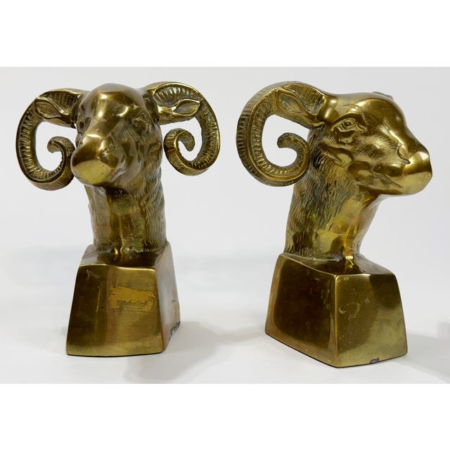 Mid-Century Modern Vintage Brass Rams Head Bookends For Sale - Image 3 of 8