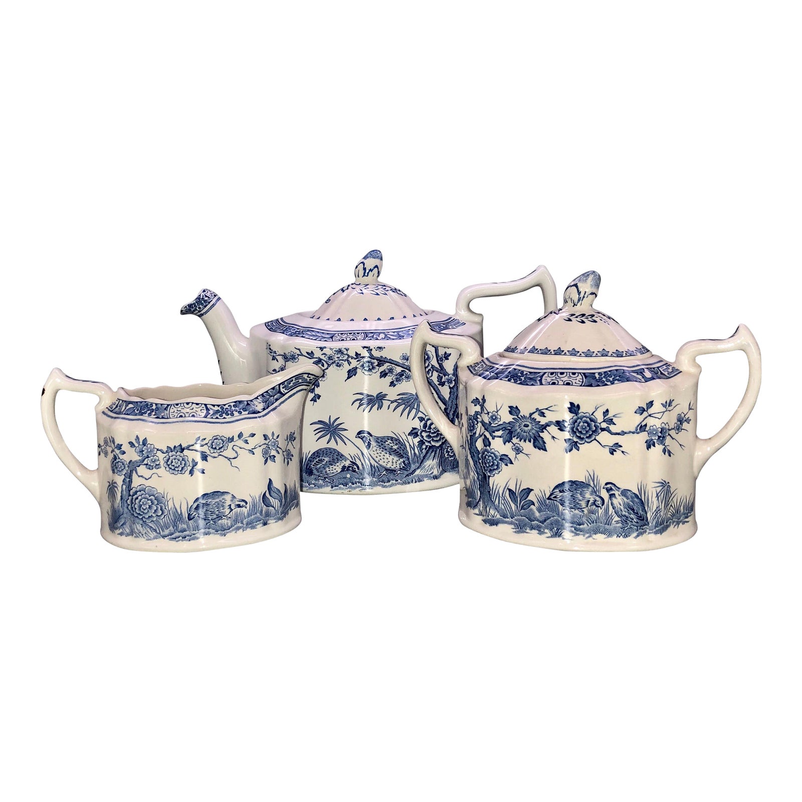 Blue and White Furnivals Quail 1913 Pottery Teapot, Creamer and Sugar