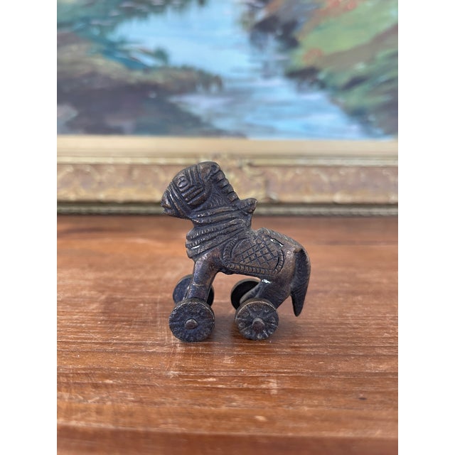 Folk Art Likely Antique Bronze Toned Toy Horse on Wheels, Tribal Folk Art Figurine From India For Sale - Image 3 of 9