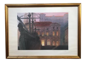 Framed Lithograph Sea Port, Hand Signed