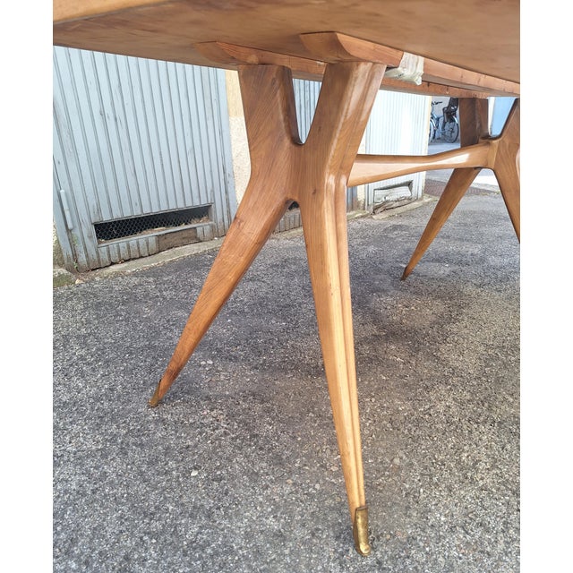 Dining Table Wooden Base, Brass Finishes, Wooden and Blue Glass Top, 1950s For Sale - Image 3 of 6