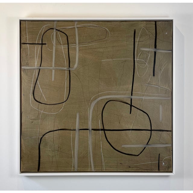 Easy Over by Murray Duncan is a striking abstract composition that merges bold gestural lines with an earthy, textured...