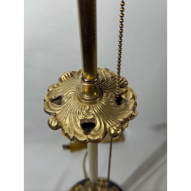 Antique Brass Acanthus Leaf Buffet Table Lamps Brass Pull Chains Black Marble Bases - a Pair For Sale - Image 9 of 12