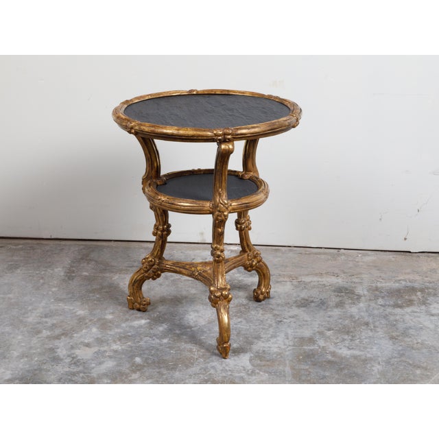 Early 20th Century Italian Carved Giltwood Side Table with Slate Top, Shelf and Floral Motifs For Sale - Image 5 of 12