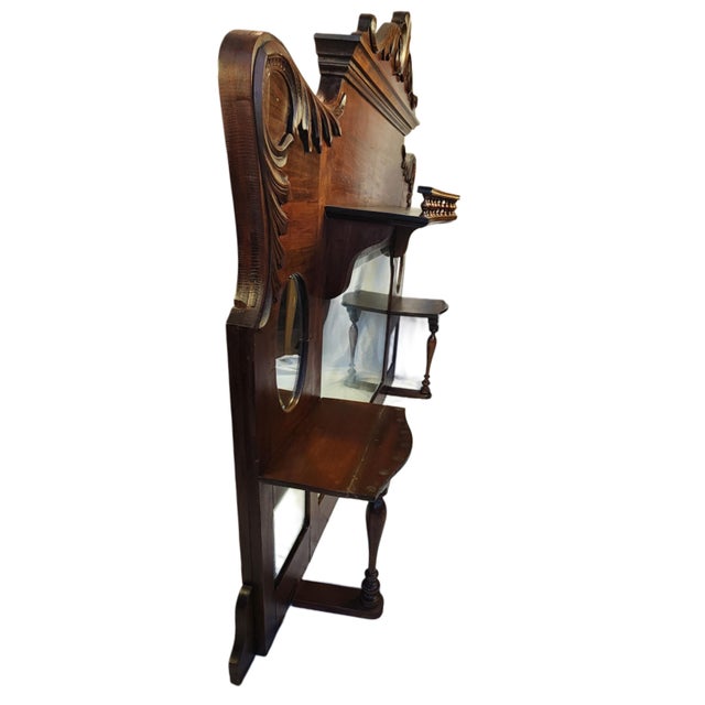 1900 - 1909 Antique Oak Mantel Topper With Beveled Mirrors & Carved Wood Detailing | Wuthering Heights Aesthetic For Sale - Image 5 of 10