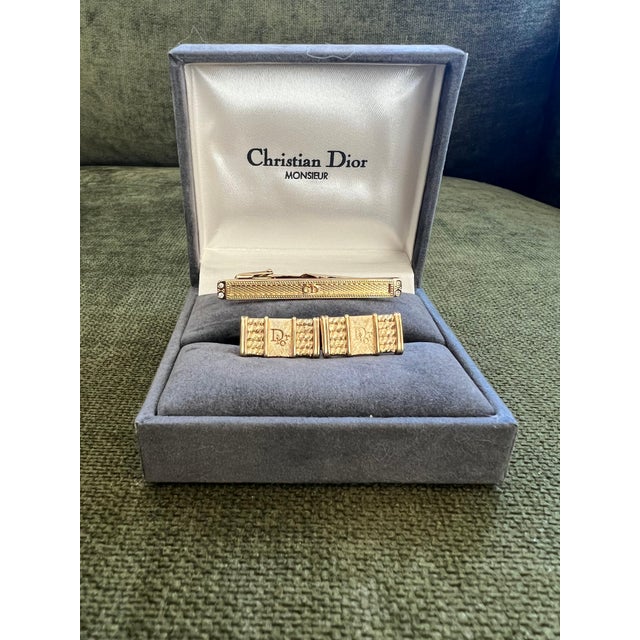 Rare Monsiuer Vintage Christian Dior Gold Plate Cufflinks & Tie Clip In Original For Sale - Image 9 of 10