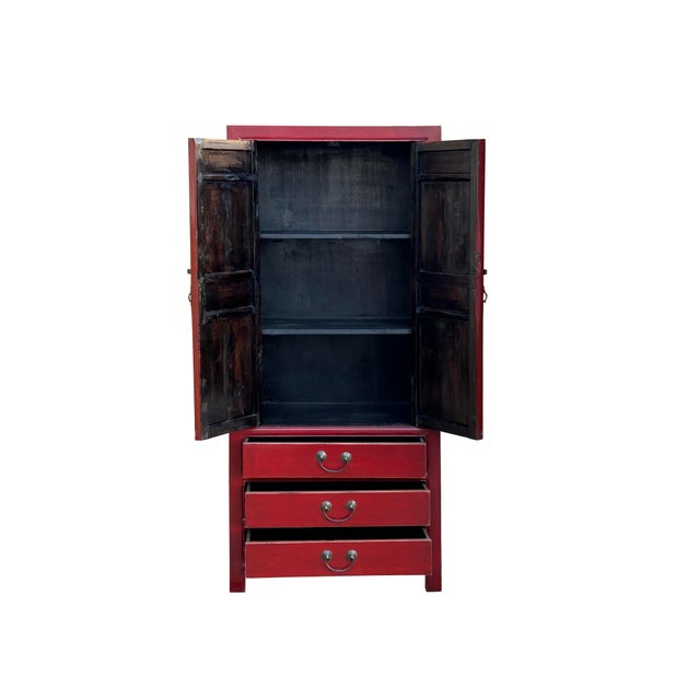 Vintage Oriental Red Beige People Scenery Graphic Storage Cabinet For Sale - Image 4 of 14