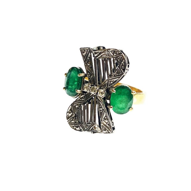 Art Deco 18 K Gold Ladies Twin Emerald & Diamond Ring Size 8 For Sale - Image 10 of 11