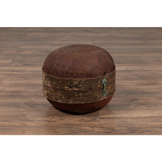 Chocolate Vintage Chinese Midcentury Rattan Circular Hat Box with Weathered Patina For Sale - Image 8 of 13