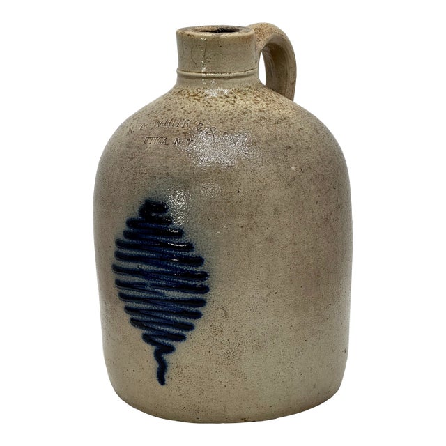 Excellent Small 1 Gallon Antique American Blue Decorated Stoneware Spirts Jug by N. A. White & Son in Utica N. Y. 1870s For Sale