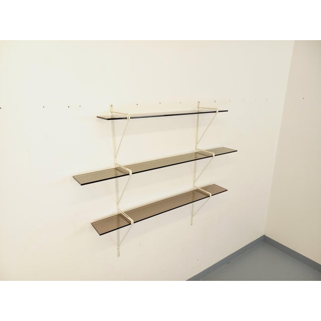 Large Vintage Wall Shelf in Smoked Glass and White Metal, String Tomado Style, from the 1960s, 1970s For Sale - Image 12 of 17