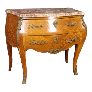 Inlaid Oliverwood Italian Made French Louis XV Style Marble Commode
