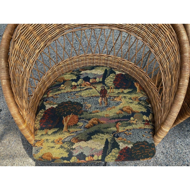 Beige Natural Wicker Mid Century Barrel Chairs With Fishing Upholstery & Pillows - a Pair For Sale - Image 8 of 13