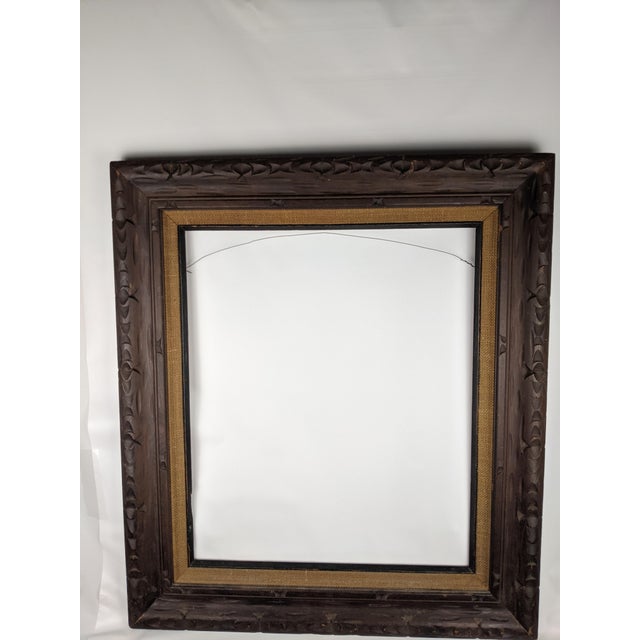 Wood Large Vintage Arts & Crafts Hand-Carved Dark Brown Wood Frame With Linen Liner For Sale - Image 7 of 11