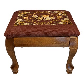 Vintage Victorian Style Wool Embroidery Floral Decor Footstool For Sale