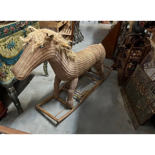 Tan Oversized Vintage Wicker Children's Rocking Horse For Sale - Image 8 of 11