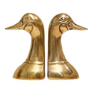 1980s Mid-Century Modern Polished Cast Brass Duck Bookends - a Pair For Sale