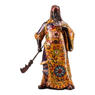 Vintage Chinese Cloisonné Enamel Guan Gong Figure | 9.4lb Copper Statue With Halberd For Sale