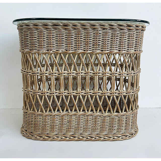 Wood 1970s Wicker, Glass Coffee Table, Side Table Set Henry Link, Lexington Attributed For Sale - Image 7 of 10