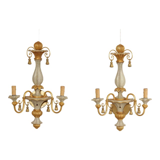 Italian Hollywood Regency Pair Parcel Gilt 2-Light Wall Sconces For Sale