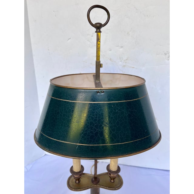 Brass Vintage French Brass Bouillotte Two Candle Lamp W/Green Metal Shade For Sale - Image 8 of 14