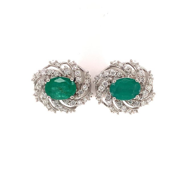 Diamond Emerald Earrings 14 Karat White Gold 4.05 TCW Certified For Sale - Image 4 of 11