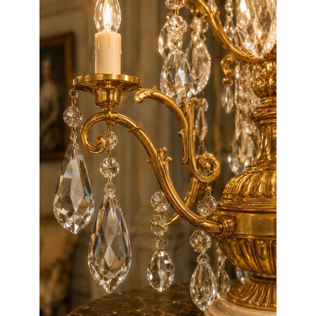 1990 French Louis XVI Gold Bronze Crystal Candelabra Table Lamp For Sale - Image 11 of 16