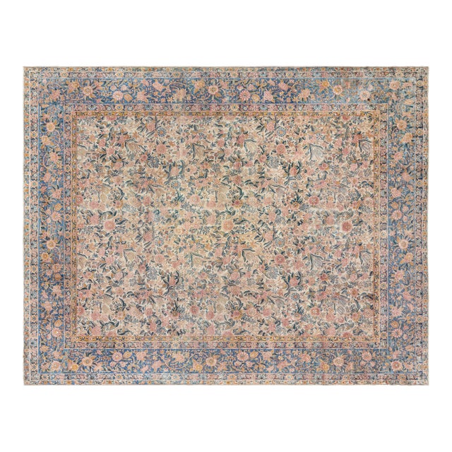 19th Century Persian Kirman Floral Handwoven Wool Rug For Sale