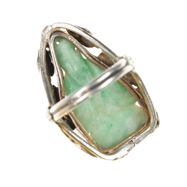 Late 20th Century sz4.25 Antique Chinese carved Jade ring mounted in silver For Sale - Image 5 of 8