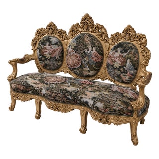 French Rococo Settee – Gilded Carved Frame With Three Scenic Tapestry Panels For Sale