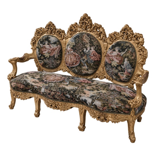 French Rococo Settee – Gilded Carved Frame With Three Scenic Tapestry Panels For Sale
