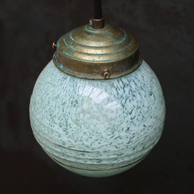 Metal French Clichy Green Reeded Glass Pendant Lamp For Sale - Image 7 of 8