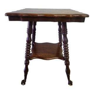 Antique Early 1900s Oak Table With Turned Legs and Glass Ball and Claw Feet For Sale