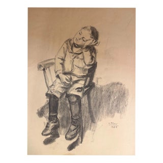 Heinrich Pforr, Midday Nap Sleeping Boy on Chair, 1905, Charcoal on Paper For Sale