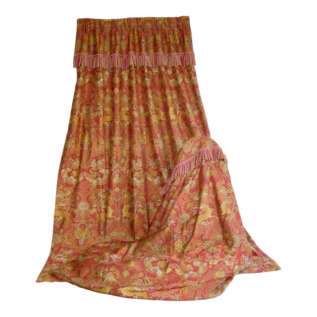 Large Pair of Chinoiserie Vintage Jacquart Curtains -Drapes For Sale