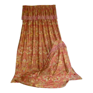 Large Pair of Chinoiserie Vintage Jacquart Curtains -Drapes