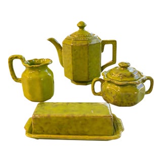 Vintage Italian Chartreuse Glazed Ceramic Coffee & Tea Service – 4 Pieces Including Teapot, Creamer, Sugar & Butter Dish For Sale