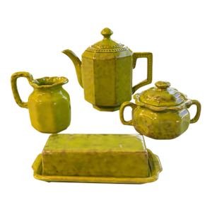 Vintage Italian Chartreuse Glazed Ceramic Coffee & Tea Service – 4 Pieces Including Teapot, Creamer, Sugar & Butter Dish
